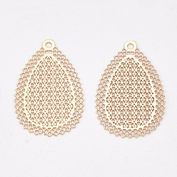 Light Gold Brass Pendants, Etched Metal Embellishments, Long-Lasting Plated, Teardrop, Light Gold, 26x16.5x0.3mm, Hole: 1.2mm