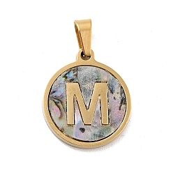 Letter M Vacuum Plating 304 Stainless Steel with Paua Shell Pendants, Golden, Flat Round with Letter Charm, Letter.M, 18x16x1.5mm, Hole: 3x6mm