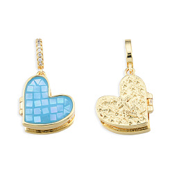 Light Sky Blue Brass Micro Pave Clear Cubic Zirconia Locket Pendants, with Natural Abalone Shell/Paua Shell, Dyed, Nickel Free, Real 18K Gold Plated, Heart Charm, Light Sky Blue, 17x17x8mm, Hole: 4x5.5mm
