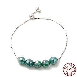 Medium Sea Green Rhodium Plated Real Platinum Plated 925 Sterling Silver Slider Bracelets, with Dyed Natural Agate Round Beaded, with S925 Stamp, Medium Sea Green, 8-5/8 inch(22cm)