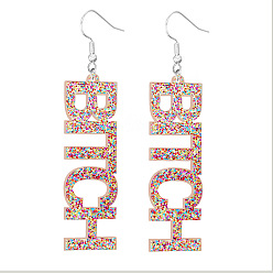 Colorful Feminism Jewelry, Acrylic Dangle Earrings, with Platinum Plated Iron Earring Hooks, Word, Colorful, 70mm