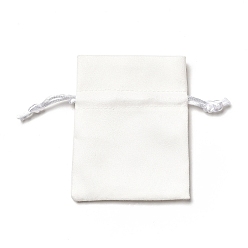 White Velvet Cloth Drawstring Bags, Jewelry Bags, Christmas Party Wedding Candy Gift Bags, Rectangle, White, 9x7cm