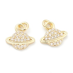 Golden Brass Clear Cubic Zirconia Charms, Long-Lasting Plated, with Jump Ring, Planet, Golden, 12x13x2mm, Hole: 2mm