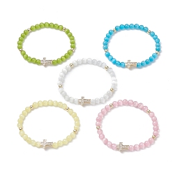 Couleur Mélangete Bracelets en perles d'oeil de chat en verre, bracelet croix en laiton micro pavé de zircone cubique pour femme, couleur mixte, diamètre intérieur: 2 pouce (5 cm)