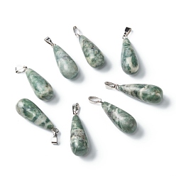 Qinghai Jade Natural Qinghai Jade Pendants, with Platinum Brass Findings, Teardrop, 26.5~29x10mm, Hole: 2.5~3.5x4~6mm