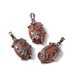 Goldstone Synthetic Goldstone Pendants, with Red Copper Tone Brass Findings, Cadmium Free & Lead Free, Oval with Flower Charm, 33x20x9mm, Hole: 5x8mm