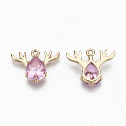 Light Rose Brass Glass Rhinestone Pendants, Long-Lasting Plated, Cadmium Free & Lead Free, Christmas Reindeer/Stag, for Christmas, Light Gold, Light Rose, 15x20x5mm, Hole: 1.5mm