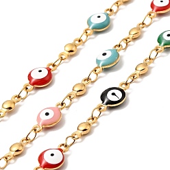 Colorful Enamel Flat Round with Evil Eye Link Chains, with Gold Plated 304 Stainless Steel Findings, Unwelded, with Spool, Colorful, 11x6x3mm, 8x3x2mm