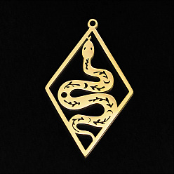 Oro Colgantes de acero inoxidable al vacío 201, Corte con laser, rombo con serpiente, dorado, 41.5x25x1 mm, agujero: 1.5 mm