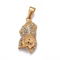 Golden 304 Stainless Steel Puppy Pendants, with Rhinestone, Bulldog, Crystal, Golden, 32.5x16x8mm, Hole: 3~3.5x8mm