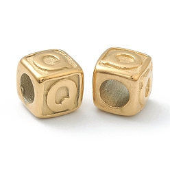 Letter Q 304 de acero inoxidable de cuentas europeo, abalorios de grande agujero, agujero horizontal, cubo con la letra, dorado, letter.q, 8x8x8 mm, agujero: 4 mm