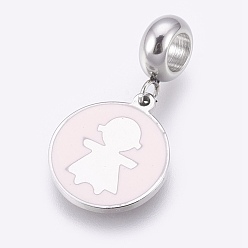 Stainless Steel Color 304 Stainless Steel European Dangle Charms, Large Hole Pendants, with Enamel, Flat Round with Girl, Misty Rose, Stainless Steel Color, 25.5mm, Hole: 4mm, Pendant: 16x13.5x1mm