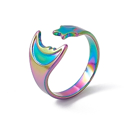 Rainbow Color Ion Plating(IP) 304 Stainless Steel Moon & Star Open Cuff Ring for Women, Rainbow Color, US Size 6(16.5mm)