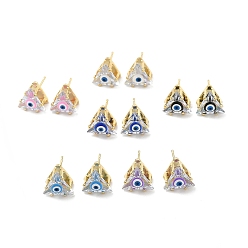 Color mezclado Pendientes triangulares de cristal con mal de ojo esmaltado, joyas de latón chapado en oro real 18k para mujer, color mezclado, 10.5x10.5 mm, pin: 0.7 mm