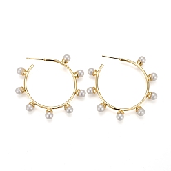 Real 18K Gold Plated Brass Stud Earrings, Half Hoop Earrings, with Shell Pearl, Long-Lasting Plated, Ring, Real 18K Gold Plated, 45.5mm, Pin: 1mm