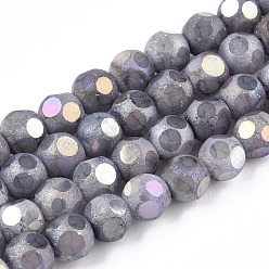 Lavender Opaque Frosted Glass Beads Strands, AB Color Plated, Faceted, Round, Lavender, 6.5x6mm, Hole: 1.5mm, about 70pcs/strand, 16.38 inch(41.6cm)