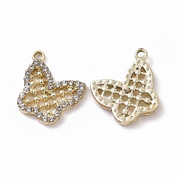 Light Gold Alloy Crystal Rhinestone Pendants, Hollow Out Butterfly Charms, Light Gold, 16x16.5x2.2mm, Hole: 1.6mm