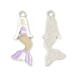 Lilac Alloy Enamel Pendants, Mermaid Charm, Platinum, Lilac, 31x12x1.3mm, Hole: 2.3mm