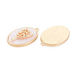 May Lily of the Valley Brass Birth Floral Pendants, Oval with Flower Mother of Pearl White Shell Charms, Nickel Free, Real 18K Gold Plated, May Lily of the Valley, 27x18x4mm, Hole: 1.8mm