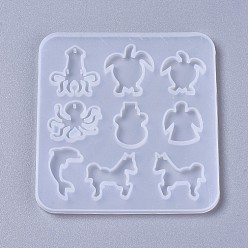 White Silicone Molds, Cabochon & Pendants Resin Casting Molds, For UV Resin, Epoxy Resin Jewelry Making, Mixed Shapes, Octopus & Turtle & Angel & Dolphin & Horse, White, 95x90x4mm, Hole: 1.3mm
