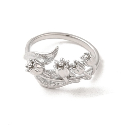 Platinum Brass Cuff Rings, Flower Open Ring for Women, Platinum, US Size 7 3/4(17.9mm)