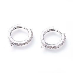 Platinum Brass Micro Pave Cubic Zirconia Huggie Hoop Earring Findings, with Horizontal Loops, Ring, Clear, Platinum, 15.5x14.5x2mm, Hole: 1mm, pin: 0.9mm
