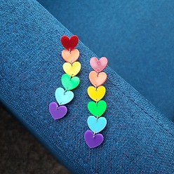 Colorful Rainbow Color Pride Flag Acrylic Heart Dangle Stud Earrings, Brass Long Drop Earrings for Women, Colorful, 75x15mm