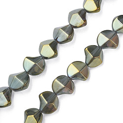 Dark Olive Green Electroplate Glass Beads Strands, Pearl Luster Plated, Twist, Dark Olive Green, 13x13.5x9mm, Hole: 1.2mm, about 45Pcs/strand, 23.23 inch(59cm)