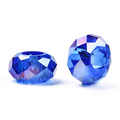 Azul Medio Granos europeos de cristal, abalorios de grande agujero, sin núcleo metálico, color de ab chapado, rondelle facetas, azul medio, 14x8 mm, agujero: 5 mm