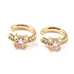 Pink Brass Micro Pave Cubic Zirconia Cuff Earrings, Real 18K Gold Plated, Ring, Pink, 13x2.5mm