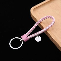Pink PU Leather Knitting Keychains, Wristlet Keychains, with Platinum Tone Plated Alloy Key Rings, Pink, 12.5x3.2cm
