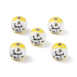 Yellow Printed Natural Wood European Beads, Large Hole Bead, Round with Bee and Word Pattern, Yellow, 16mm, Hole: 4mm