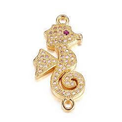Golden Brass Micro Pave Cubic Zirconia Links, Sea Horse, Golden, 26x12x2mm, Hole: 1mm