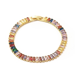 Colorful Cubic Zirconia Tennis Bracelets, Rack Plating Brass Jewelry with Fold Over Clasp for Women, Lead Free & Cadmium Free, Long-Lasting Plated, Real 18K Gold Plated, Colorful, 7-1/2 inch(18.9cm)
