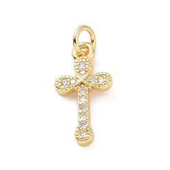 Golden Brass Micro Pave Cubic Zirconia Pendants, with Jump Ring, Religion Cross Charm, Golden, 15.5x8x2mm, Hole: 2.8mm