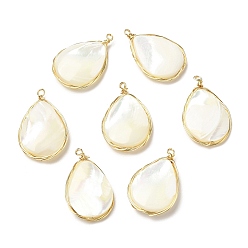 Real 14K Gold Plated Natural White Shell Pendants, Copper Wire Wrapped Teardrop Charms, Real 14K Gold Plated, 26~26.5x16.5~17x4.5~5mm, Hole: 1.6mm