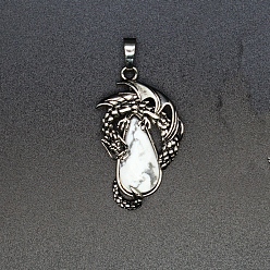 Howlite Natural Howlite Brass Pendants, Flying Dragon Charms with Faceted Teardrop Gems, Antique Silver, 38x22x6mm