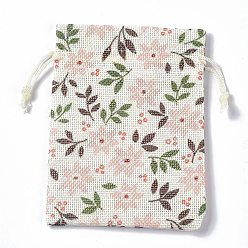 Flower Burlap Packing Pouches Drawstring Bags, Rectangle, Floral White, Flower, 13.5~14x10x0.35cm