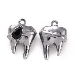 Black Rack Plating Alloy Glass Pendants, Cadmium Free & Lead Free & Nickle Free, Faceted, Tooth Charms with Teardrop, Gunmetal, Black, 19x13.5x7mm, Hole: 1.4mm