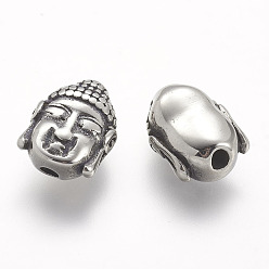 Plata Antigua 304 bolas de acero inoxidable, cabeza de Buda, plata antigua, 14x11x6.5 mm, agujero: 2.5 mm
