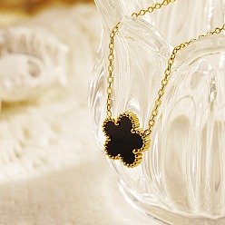Negro Collares con colgante de flores doradas de acero inoxidable con concha natural para mujer, negro, 16.54 pulgada (42 cm)