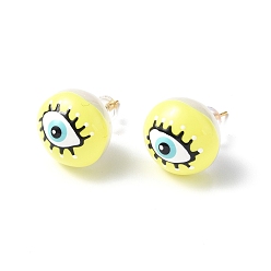 Champagne Yellow Natural Shell Eye Stud Earrings with Enamel, Real 18K Gold Plated Brass Jewelry for Women, Champagne Yellow, 15mm, Pin: 0.8mm