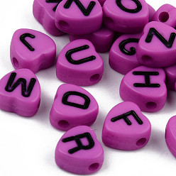 Orchid Opaque Acrylic Enamel Beads, Horizontal Hole, Heart with Mixed Black Letters, Orchid, 7x7x4mm, Hole: 1.5mm, about 3600pcs/500g