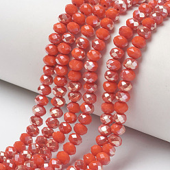 Rouge Orange Galvanoplastie opaques couleur unie perles de verre brins, demi-plaqué, arc-en-ciel plaqué, facette, rondelle, rouge-orange, 4x3mm, Trou: 0.4mm, Environ 123~127 pcs/chapelet, 16.5~16.9 pouce (42~43 cm)
