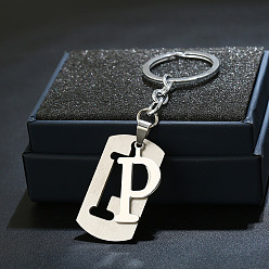 Letter P 201 porte-clés en acier inoxydable, porte-clés étiquette de chien, avec porte-clés en fer plaqué platine, rectangle avec lettre fractionnée, letter.p, 10.5 cm