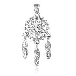 Platinum Brass Micro Pave Cubic Zirconia Pendants, Woven Net/Web with Feather Charms, Platinum, 26x14x2.4mm
