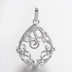 Platinum Eco-Friendly Rack Plating Brass Hollow Teardrop Cage Pendants, For Chime Ball Pendant Necklaces Making, Cadmium Free & Nickel Free & Lead Free, Platinum, 37x31x26mm, Hole: 9X4mm, inner: 31.5x25mm