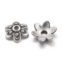 Antique Silver Tibetan Style Alloy Bead Caps, Lead Free, Cadmium Free and Nickel Free, Flower, Antique Silver, 9x3mm, Hole: 1mm