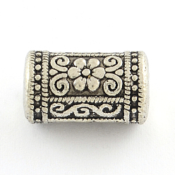 Antique Silver Column with Flower Pattern Alloy Beads, Cadmium Free & Lead Free, Tibetan Style, Antique Silver, 17x10mm, Hole: 2.5mm, about 140pcs/1000g