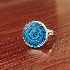 Deep Sky Blue Glass Mandala Flower Finger Ring, Platinum Brass Flat Round Signet Ring for Women, Deep Sky Blue, US Size 8(18.1mm)